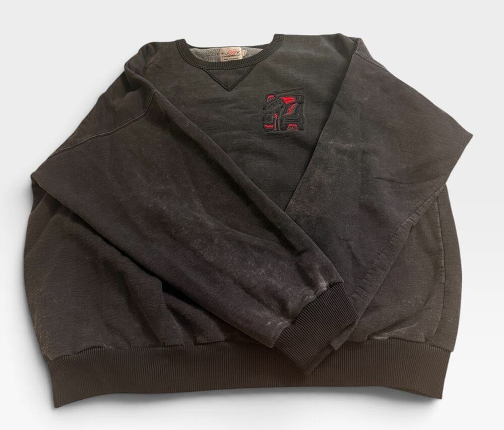 Vintage 90s Fuzzy Stonewash Sweatshirt Native Art Tribal Canada Size XXL Gray